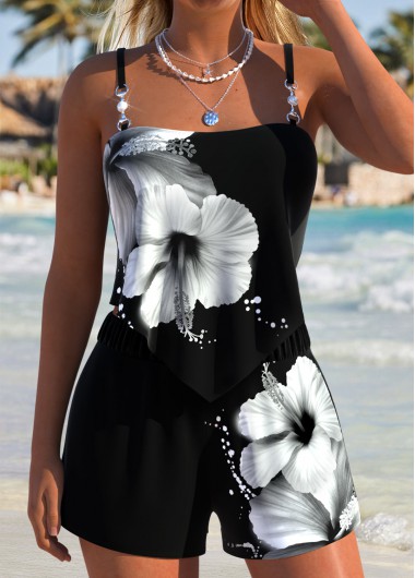 women clothes image of Black Mid Waisted Bowknot Floral Print Tankini Set