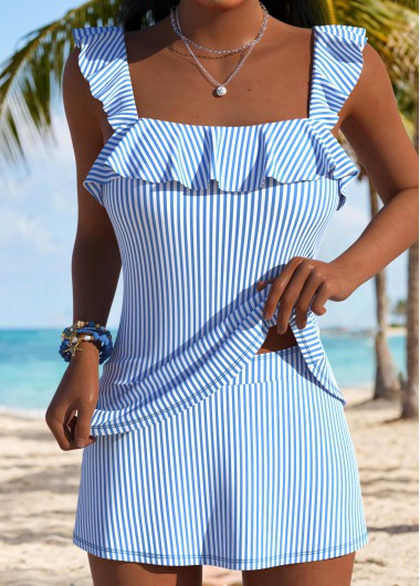 women clothes image of Blue Mid Waisted Ruffle Striped Tankini Set