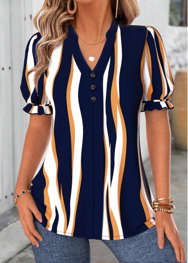 women clothes image of Navy Geometric Print Patchwork Short Sleeve Split Neck Blouse