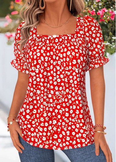women clothes image of Red Ditsy Floral Print Patchwork Short Sleeve Blouse