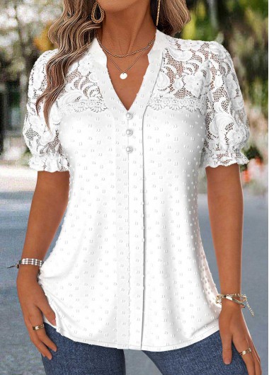 women clothes image of Raw White Patchwork Short Sleeve Split Neck Blouse