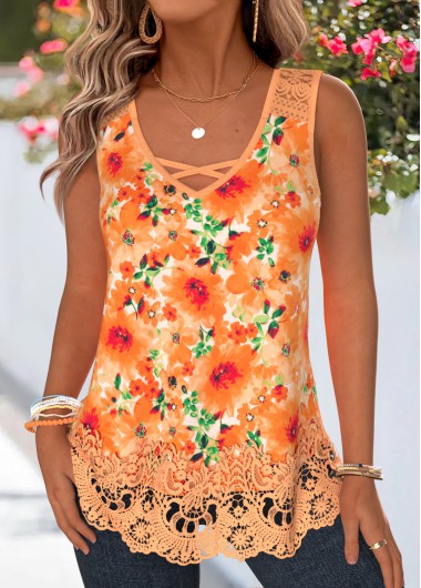 women clothes image of Orange Floral Print Patchwork Sleeveless V Neck Tank Top