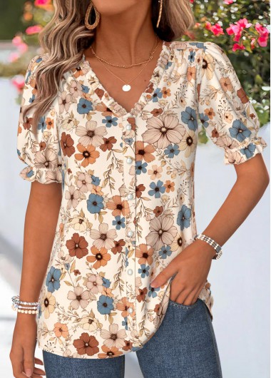 women clothes image of Light Camel Floral Print Frill Short Sleeve Blouse