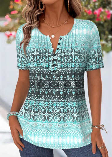 women clothes image of Mint Green Tribal Print Tuck Stitch T Shirt
