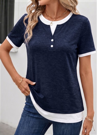 women clothes image of Navy Fake 2in1 Short Sleeve Round Neck T Shirt