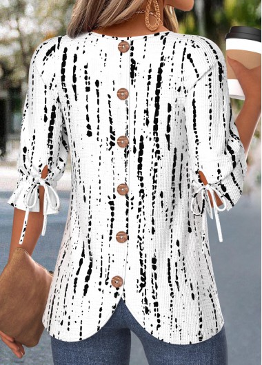 women clothes image of White Geometric Print Curved Hem Half Sleeve T Shirt
