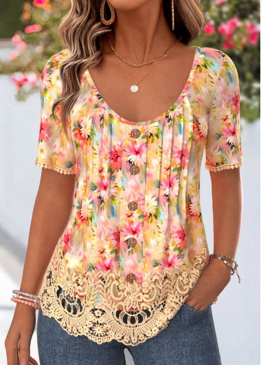 women clothes image of Multi Color Floral Print Curved Hem T Shirt