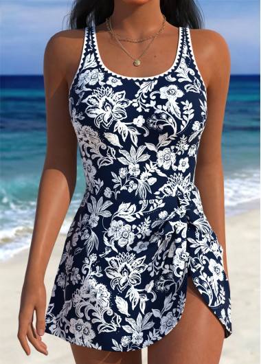 women clothes image of Navy Adjustable Tie Floral Print One Piece Swimdress