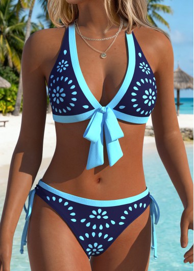 women clothes image of Blue Mid Waisted Patchwork Geometric Print Bikini Set