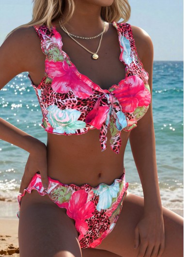 women clothes image of Hot Pink Mid Waisted Bowknot Floral Print Bikini Set