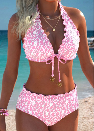 women clothes image of Pink Mid Waisted V Neck Bikini Set