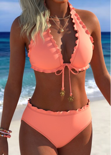 women clothes image of Orange Mid Waisted V Neck Bikini Set