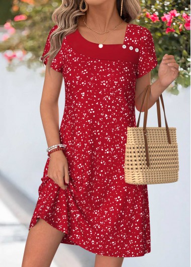 women clothes image of Red Polka Dot Short Tummy Coverage Asymmetrical Neck Dress