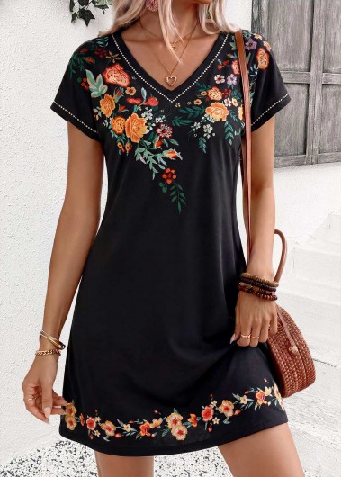 women clothes image of Navy Floral Print Short Tummy Coverage Split Neck Dress