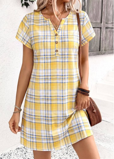 women clothes image of Yellow Plaid Short Button Split Neck Dress
