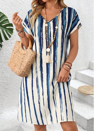 women clothes image of Blue Tie Dye Print Short V Neck Dress