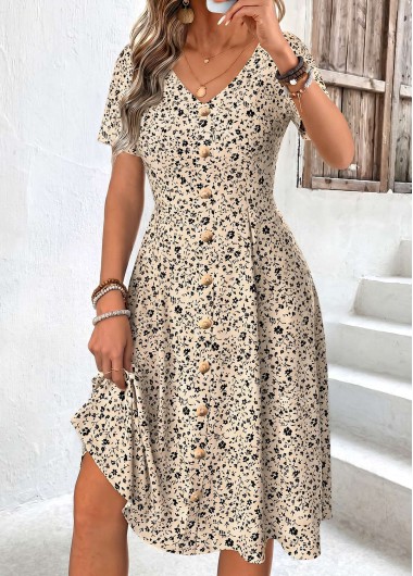 women clothes image of Light Camel Ditsy Floral Print Tummy Coverage Dress
