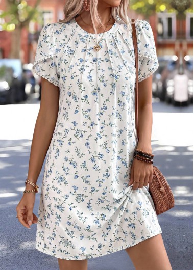 women clothes image of White Ditsy Floral Print Short Tuck Stitch Dress