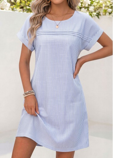 women clothes image of Blue Striped Short Tuck Stitch Round Neck Dress