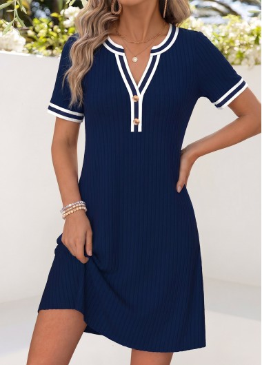 women clothes image of Navy Short Contrast Piping Split Neck Dress