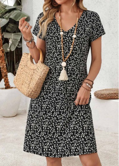 women clothes image of Black Ditsy Floral Print Short Tummy Coverage Dress