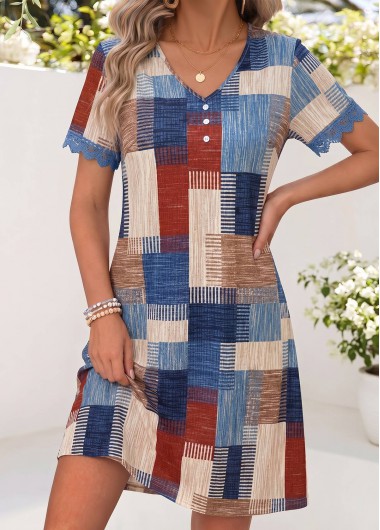 women clothes image of Multi Color Geometric Print Short Tummy Coverage Dress