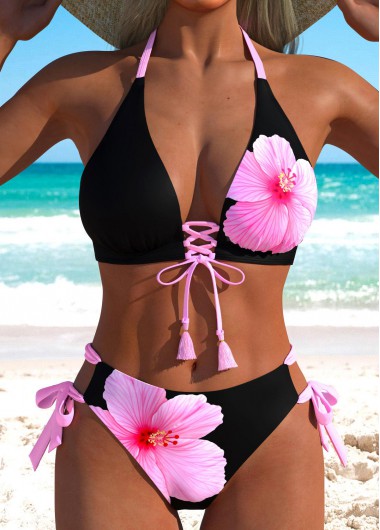 women clothes image of Black Mid Waisted Lace Up Floral Print Bikini Set