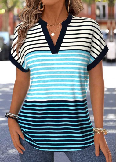 women clothes image of Multi Color Striped Tummy Coverage Short Sleeve Blouse