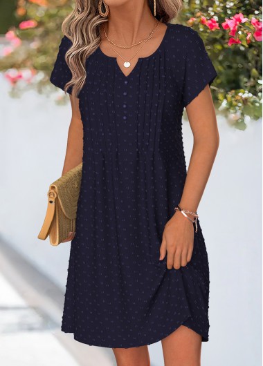 women clothes image of Navy Short Tuck Stitch Split Neck Dress