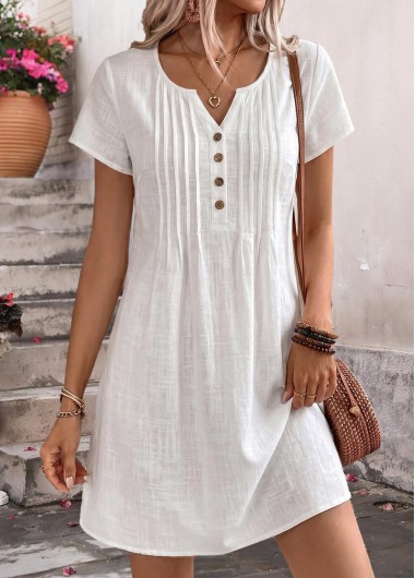 women clothes image of White Short Tuck Stitch Split Neck Dress