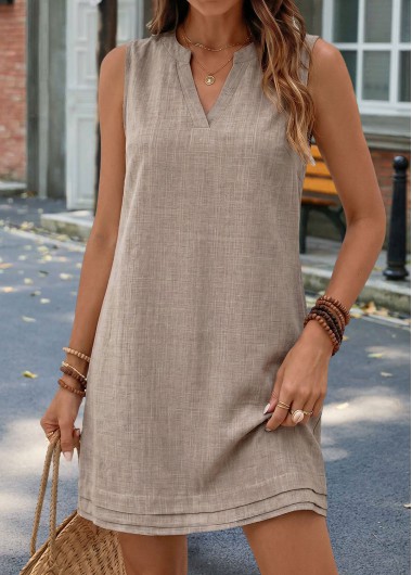 women clothes image of Gray Brown Short Shirred Sleeveless Split Neck Dress