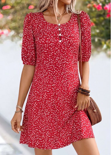 women clothes image of Red Ditsy Floral Print Short Tuck Stitch Dress