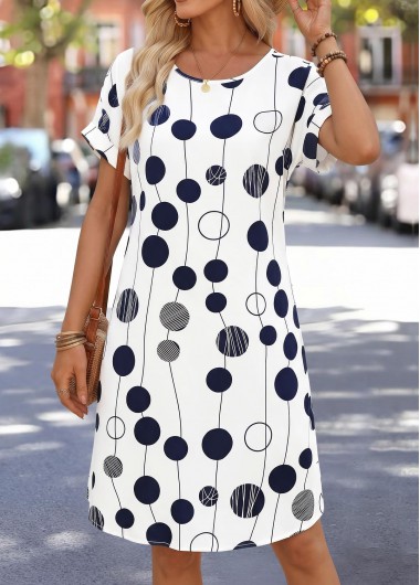 women clothes image of White Polka Dot Curved Hem Short Sleeve Dress
