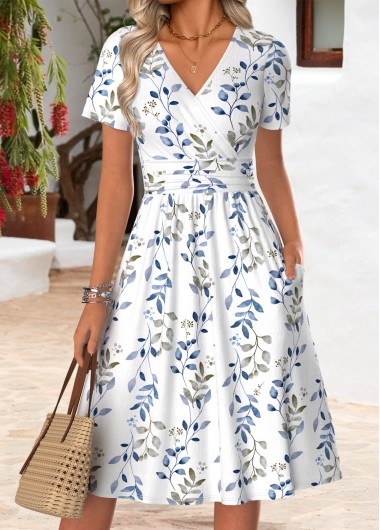 women clothes image of White Leaf Print Short Double Side Pockets Dress