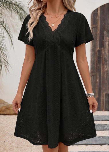 women clothes image of Black Short Patchwork V Neck Dress