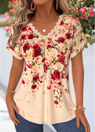 women clothes image of Orange Floral Print Patchwork Short Sleeve T Shirt