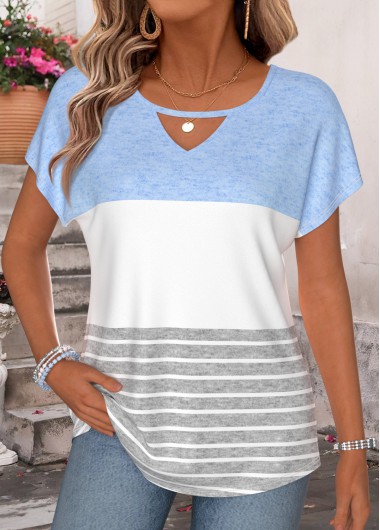 women clothes image of Blue Striped Curved Hem Short Sleeve T Shirt