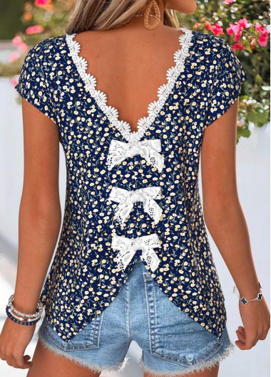women clothes image of Navy Ditsy Floral Print Bowknot Short Sleeve T Shirt