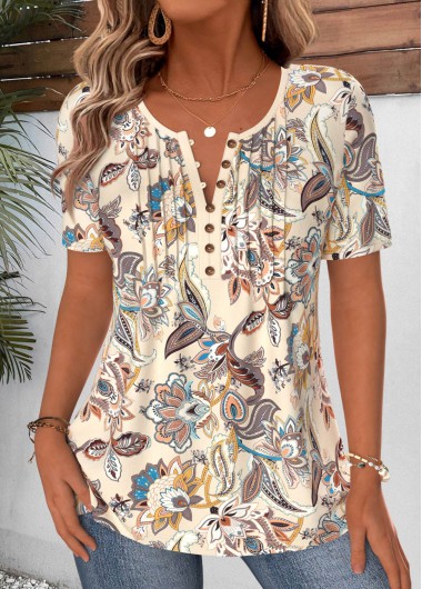 women clothes image of Light Camel Tribal Print Curved Hem T Shirt
