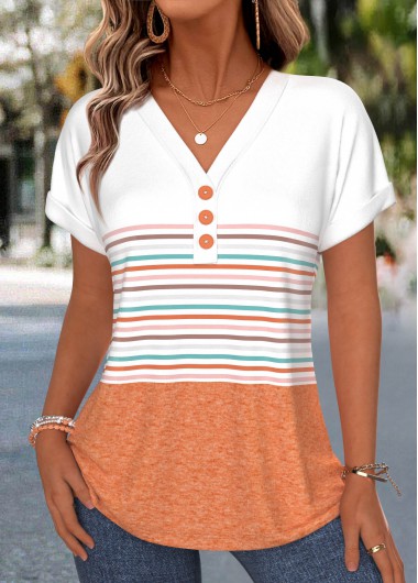 women clothes image of Orange Striped Button Short Sleeve V Neck T Shirt