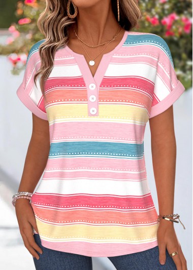 women clothes image of Pink Striped Tummy Coverage Short Sleeve T Shirt