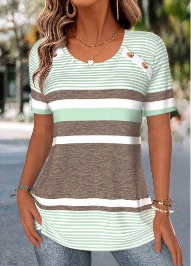 women clothes image of Green Striped Tummy Coverage Short Sleeve T Shirt