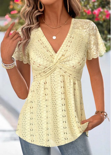 women clothes image of Yellow Patchwork Short Sleeve V Neck T Shirt