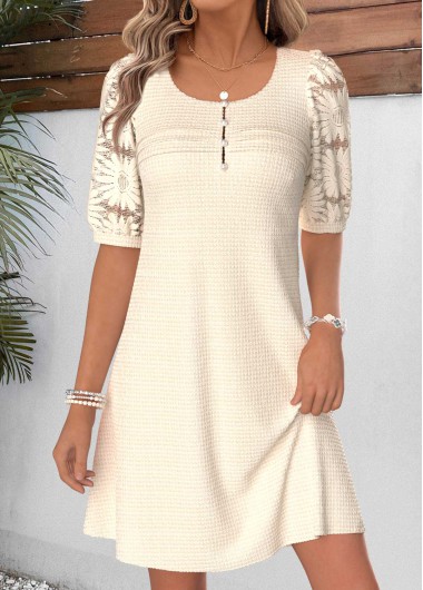 women clothes image of Beige Short Tuck Stitch Half Sleeve V Neck Dress