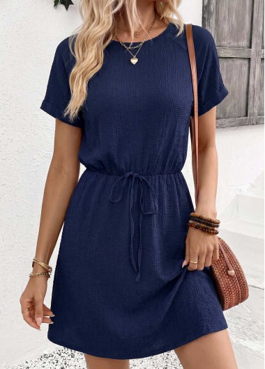 women clothes image of Navy Short Shirred Round Neck Dress