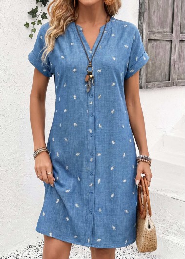 women clothes image of Denim Blue Leaf Print Tummy Coverage Short Sleeve Dress