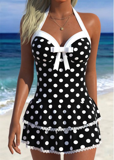women clothes image of Black Fake 2in1 Polka Dot One Piece Swimdress