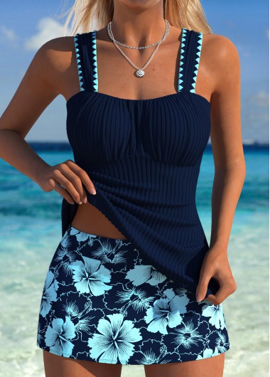 women clothes image of Navy Mid Waisted Ruched/shirred Floral Print Tankini Set