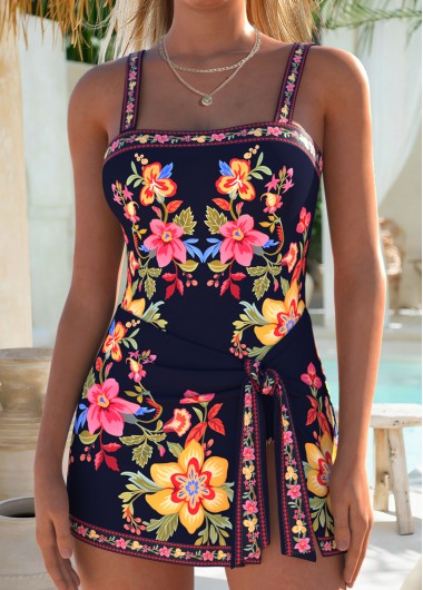 women clothes image of Black Layered Floral Print One Piece Swimdress