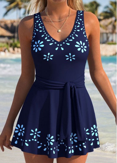 women clothes image of Navy Layered Floral Print One Piece Swimdress